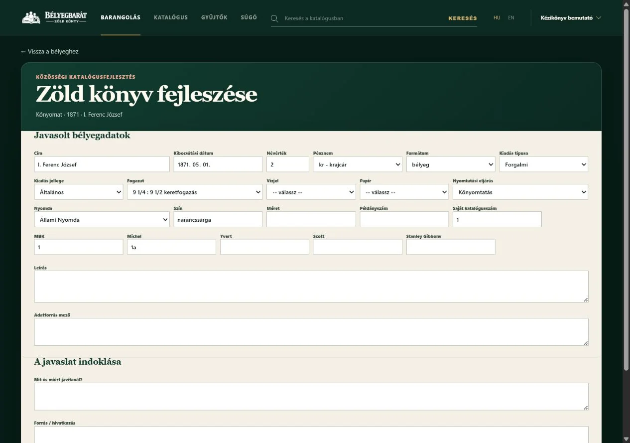 A Zöld könyv adatjavítási űrlapja