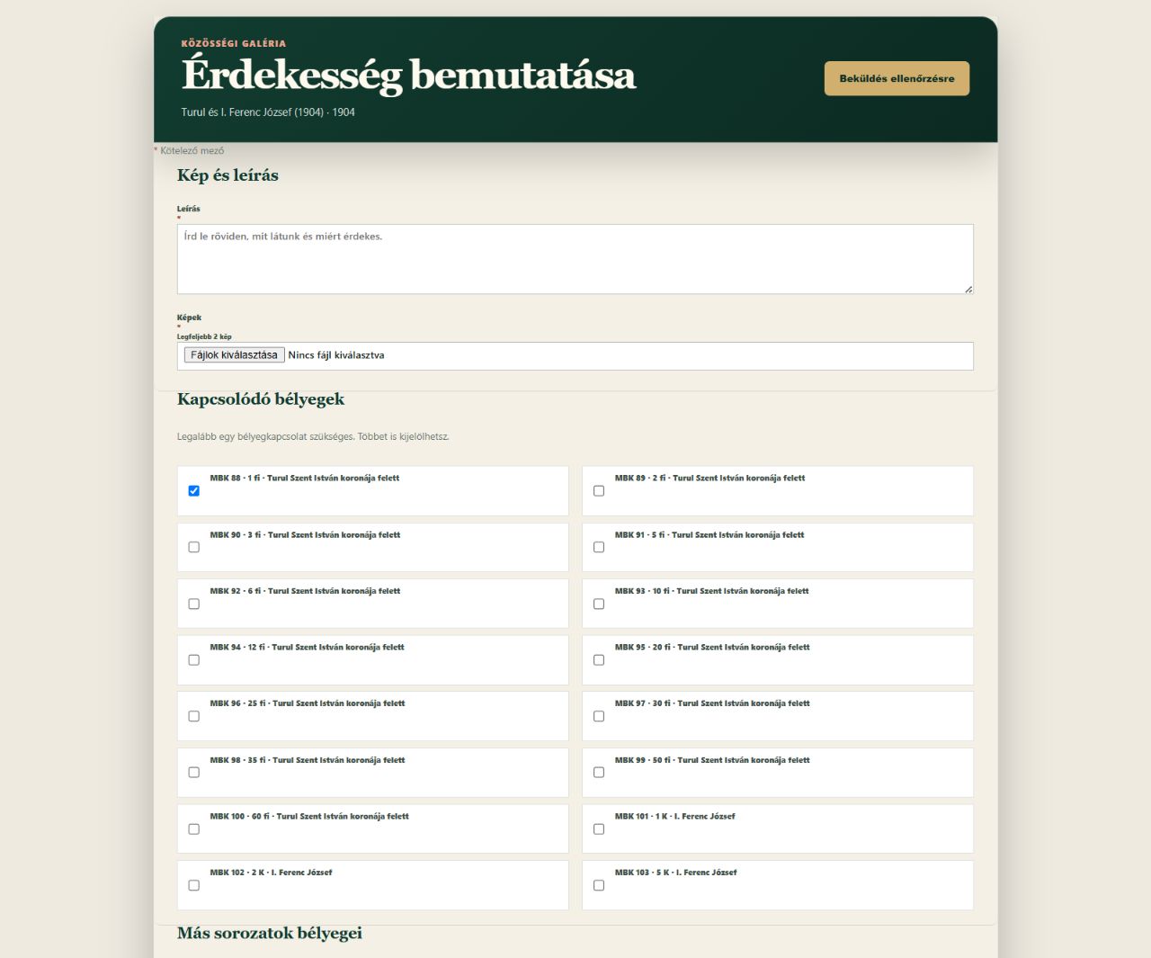 Érdekesség beküldése leírással, képfeltöltéssel és több kapcsolódó bélyeg kiválasztásával