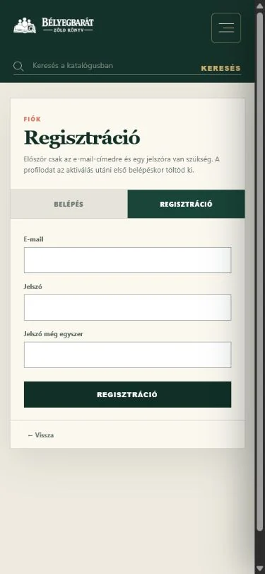 A regisztrációs űrlap mobiltelefonon