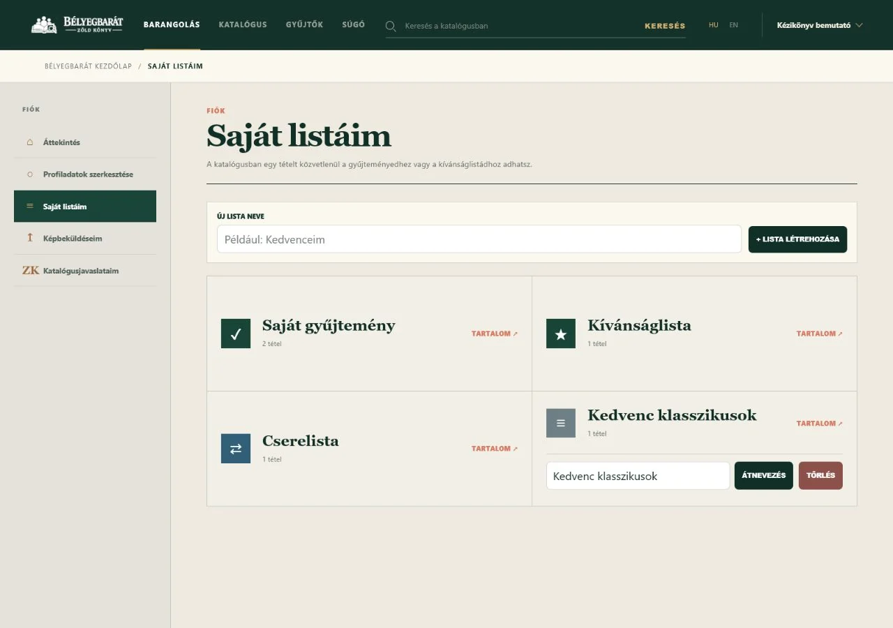 My collection, kívánságlista, cserelista és egyéni listák