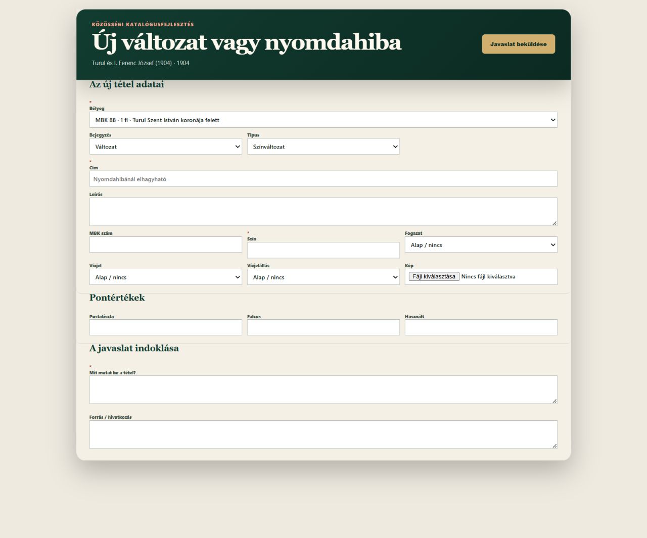 Az új változat vagy nyomdahiba beküldőűrlapja pontértékekkel és kötelező mezőkkel