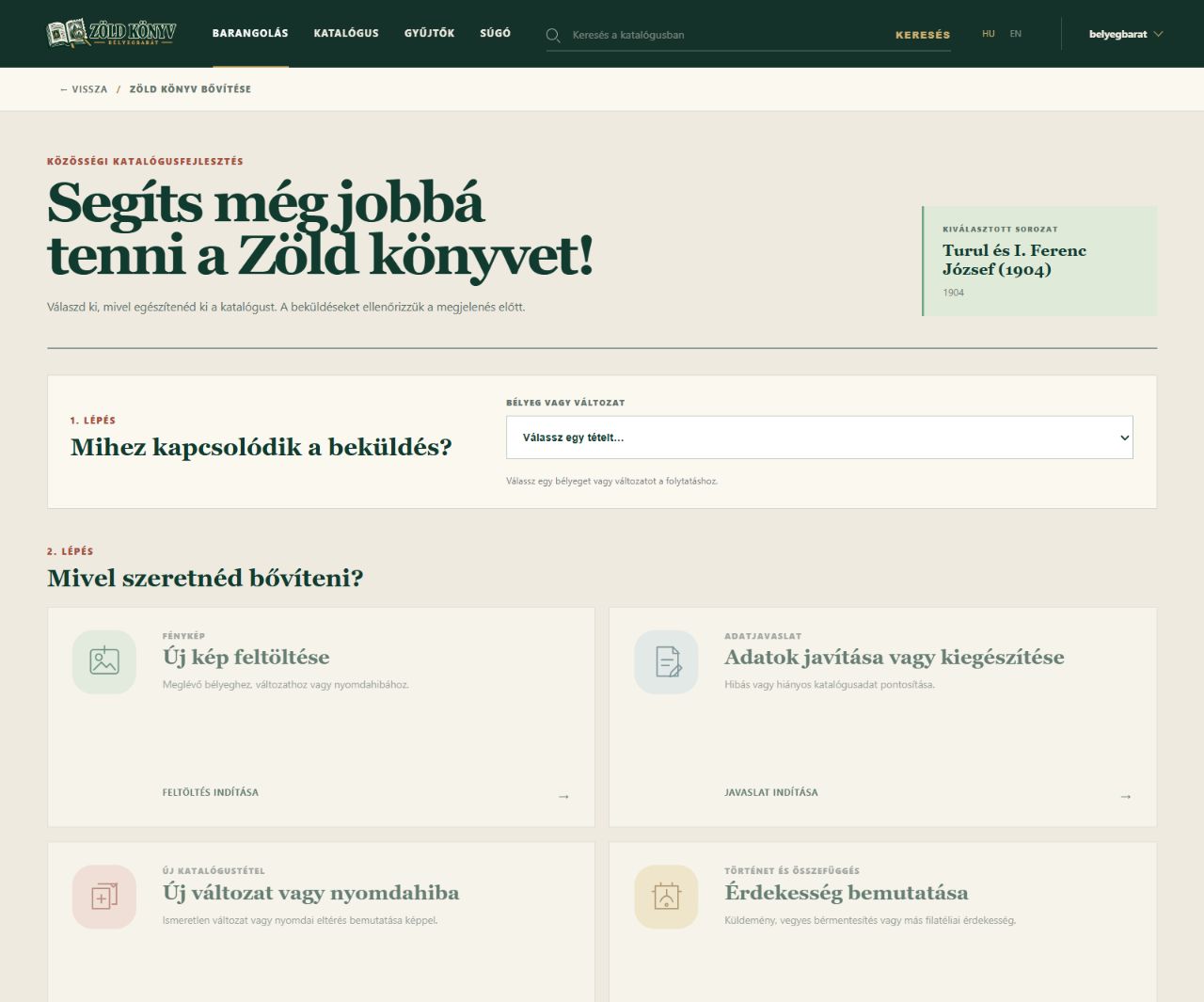 Az egységes Zöld könyv beküldőfelület célpontválasztóval és négy beküldési lehetőséggel
